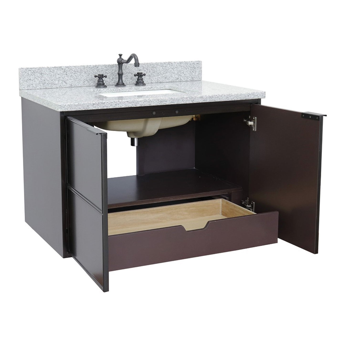 37" Single wall mount vanity in Cappuccino finish with Gray granite top and rectangle sink