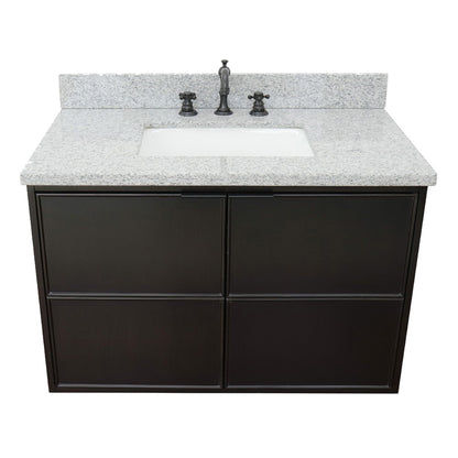 37" Single wall mount vanity in Cappuccino finish with Gray granite top and rectangle sink