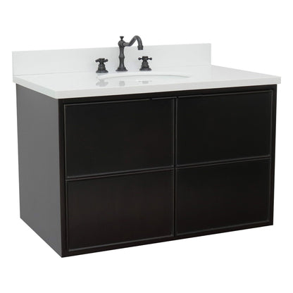 37" Single wall mount vanity in Cappuccino finish with White engineered stone top and oval sink