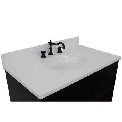 37" Single wall mount vanity in Cappuccino finish with White engineered stone top and oval sink