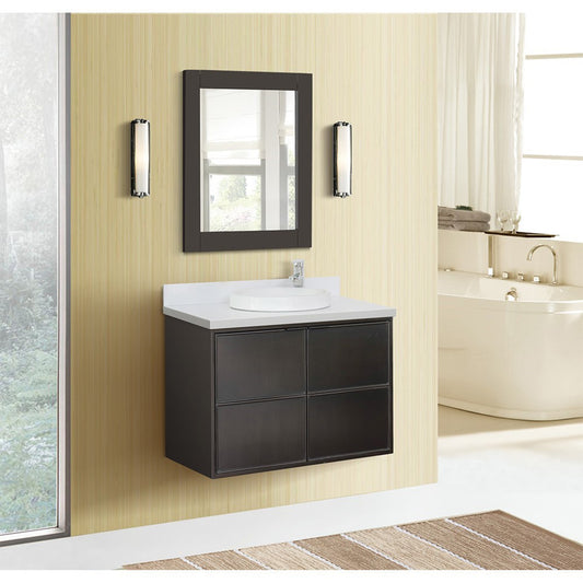 37" Single wall mount vanity in Cappuccino finish with White engineered stone top and round sink