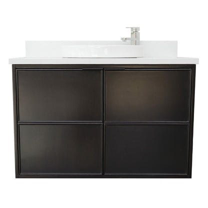 37" Single wall mount vanity in Cappuccino finish with White engineered stone top and round sink
