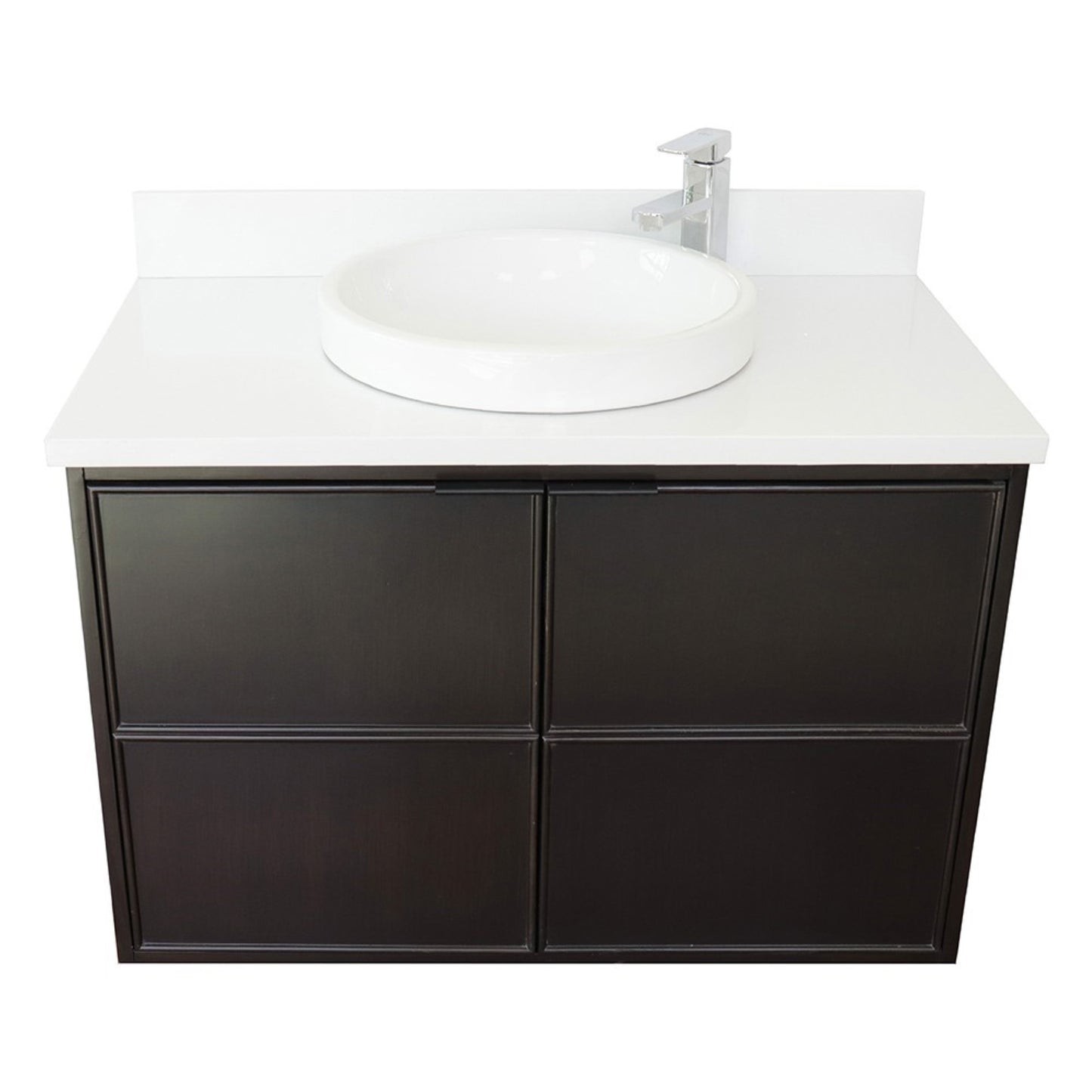 37" Single wall mount vanity in Cappuccino finish with White engineered stone top and round sink