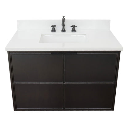 37" Single wall mount vanity in Cappuccino finish with White engineered stone top and rectangle sink