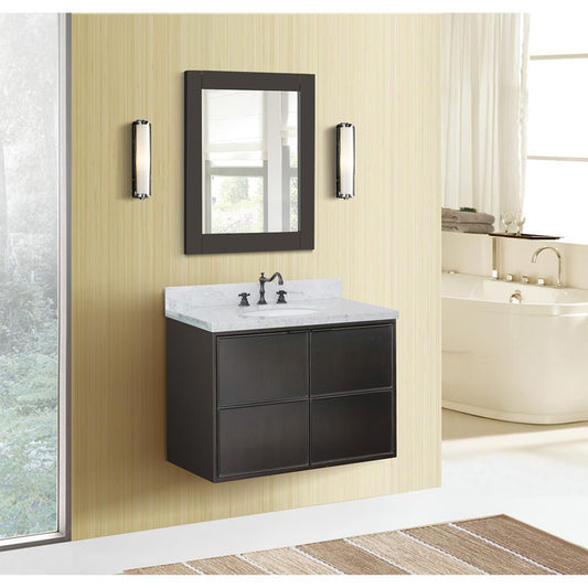 37" Single wall mount vanity in Cappuccino finish with White Carrara top and oval sink
