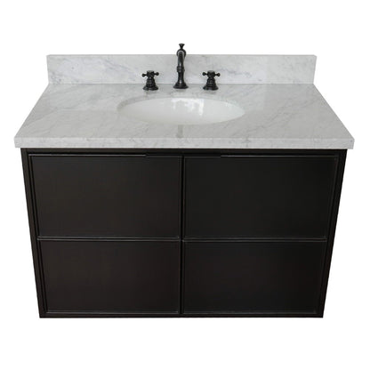 37" Single wall mount vanity in Cappuccino finish with White Carrara top and oval sink