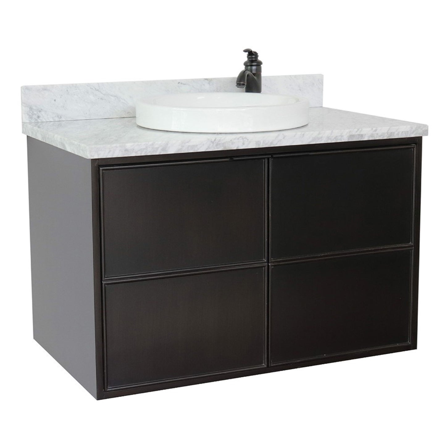 37" Single wall mount vanity in Cappuccino finish with White Carrara top and round sink