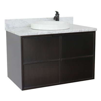 37" Single wall mount vanity in Cappuccino finish with White Carrara top and round sink