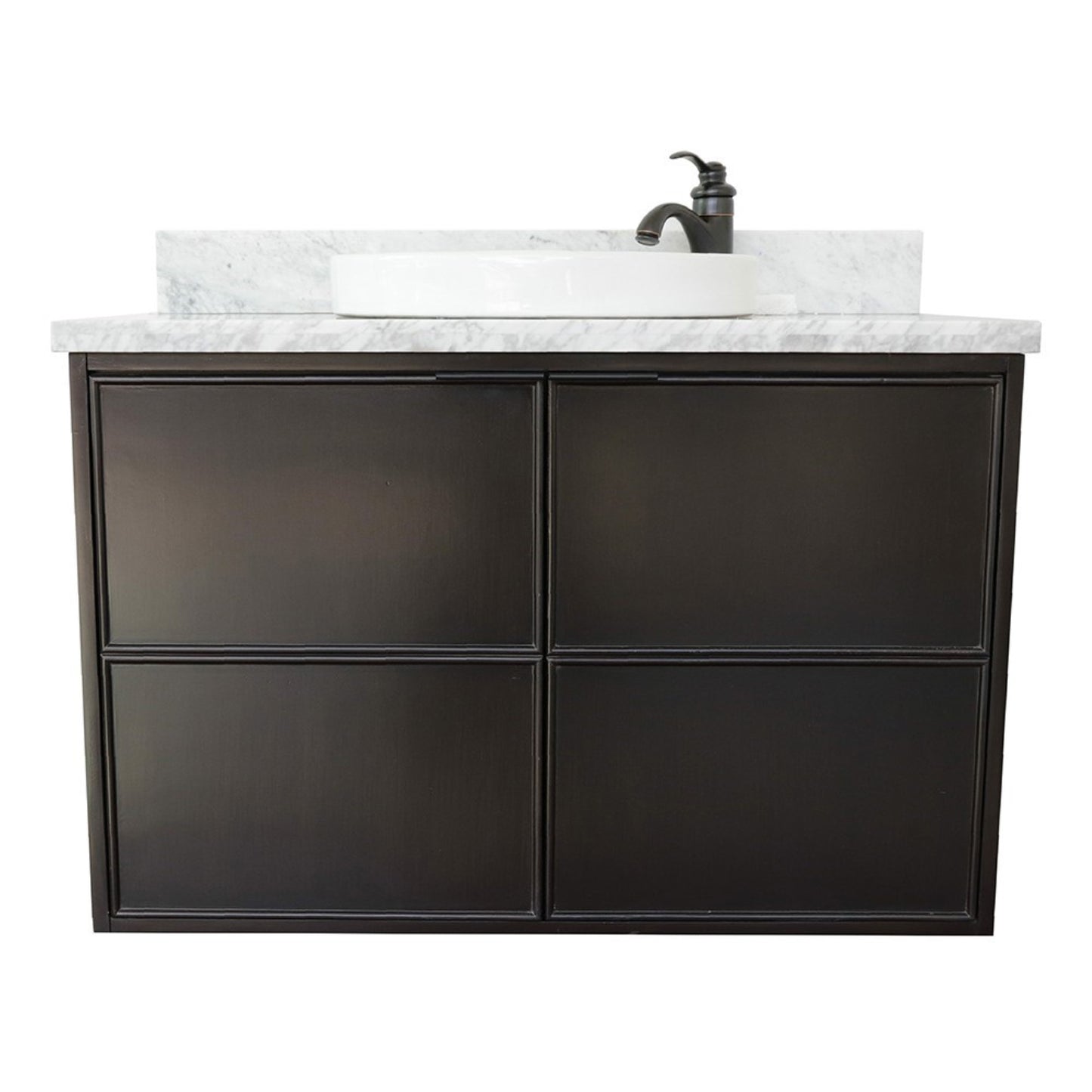 37" Single wall mount vanity in Cappuccino finish with White Carrara top and round sink