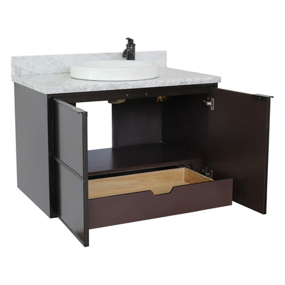 37" Single wall mount vanity in Cappuccino finish with White Carrara top and round sink