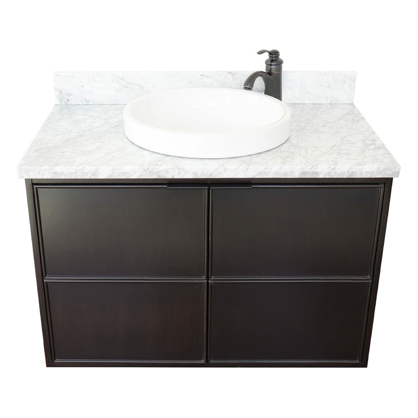 37" Single wall mount vanity in Cappuccino finish with White Carrara top and round sink