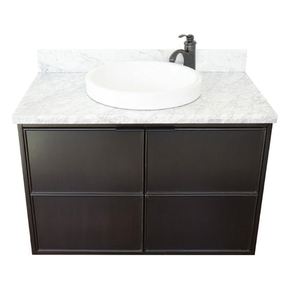 37" Single wall mount vanity in Cappuccino finish with White Carrara top and round sink