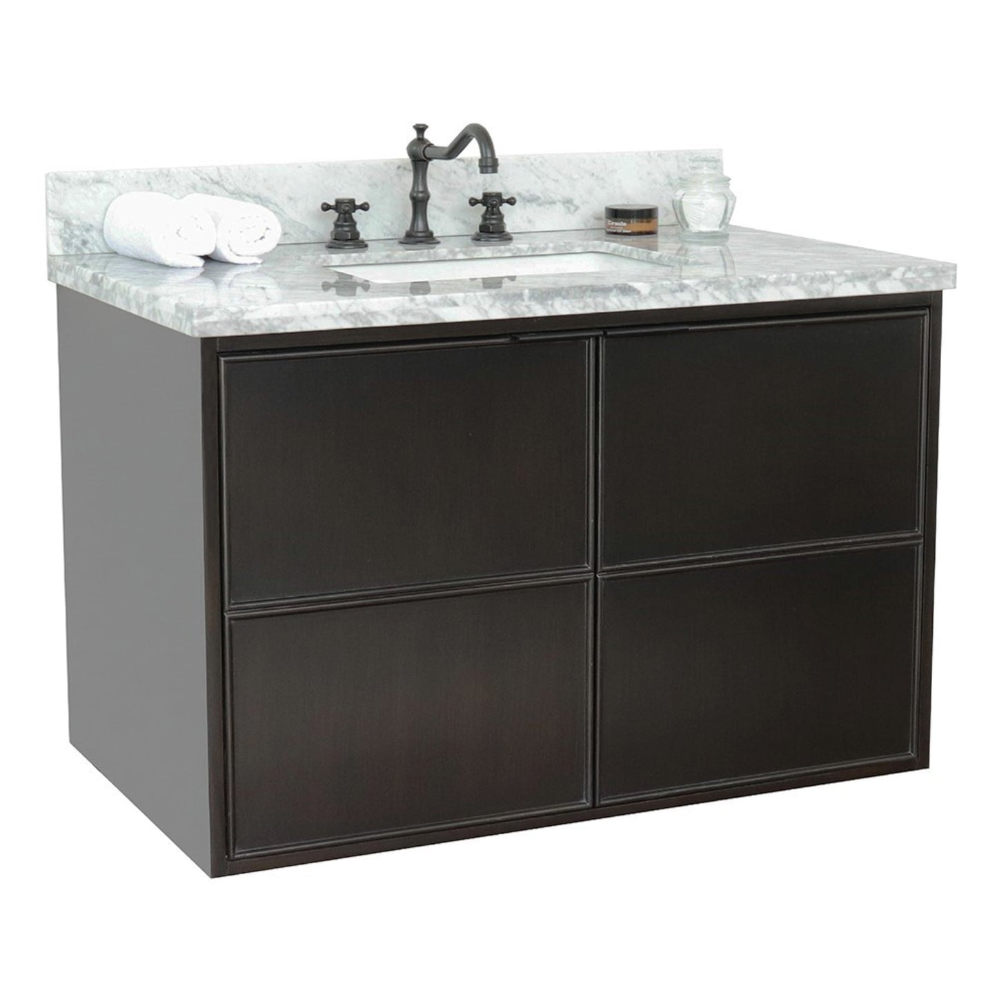 37" Single wall mount vanity in Cappuccino finish with White Carrara top and rectangle sink