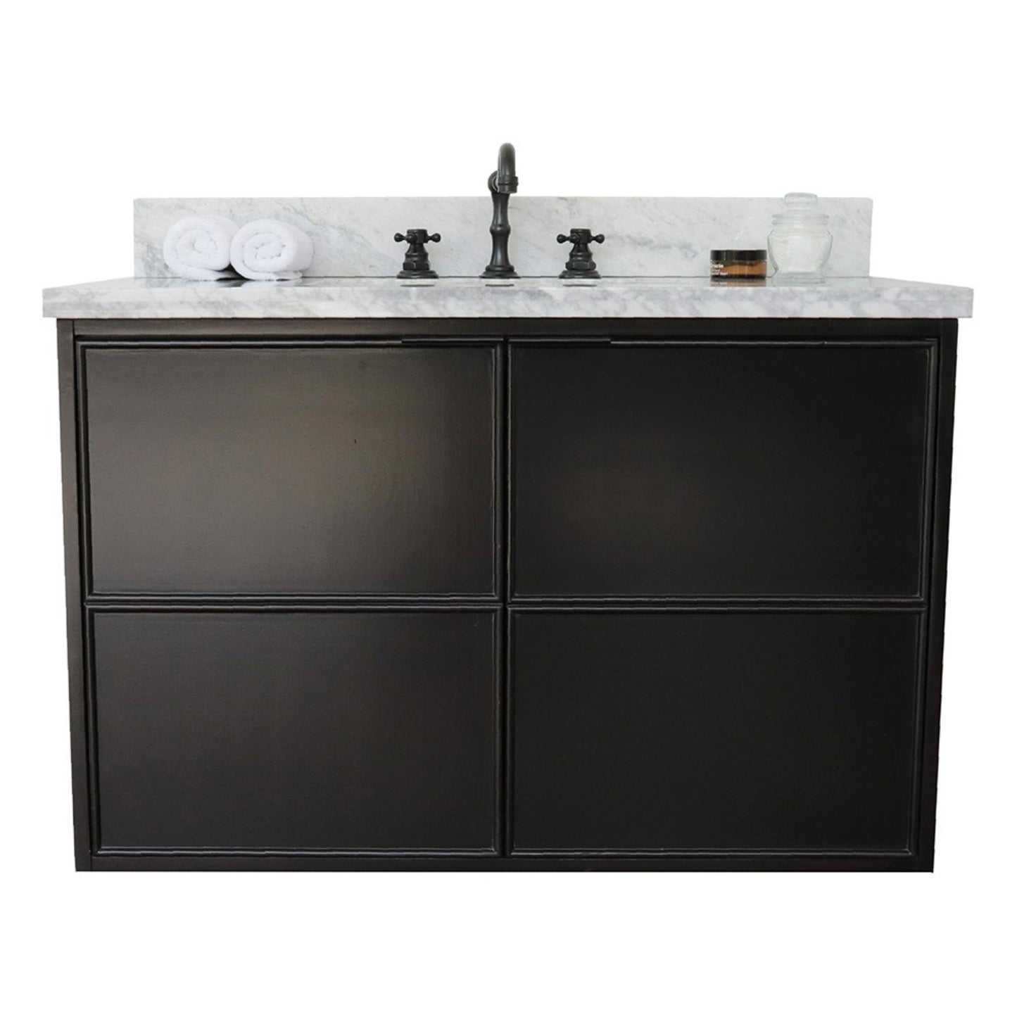 37" Single wall mount vanity in Cappuccino finish with White Carrara top and rectangle sink