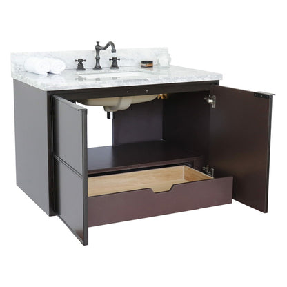37" Single wall mount vanity in Cappuccino finish with White Carrara top and rectangle sink