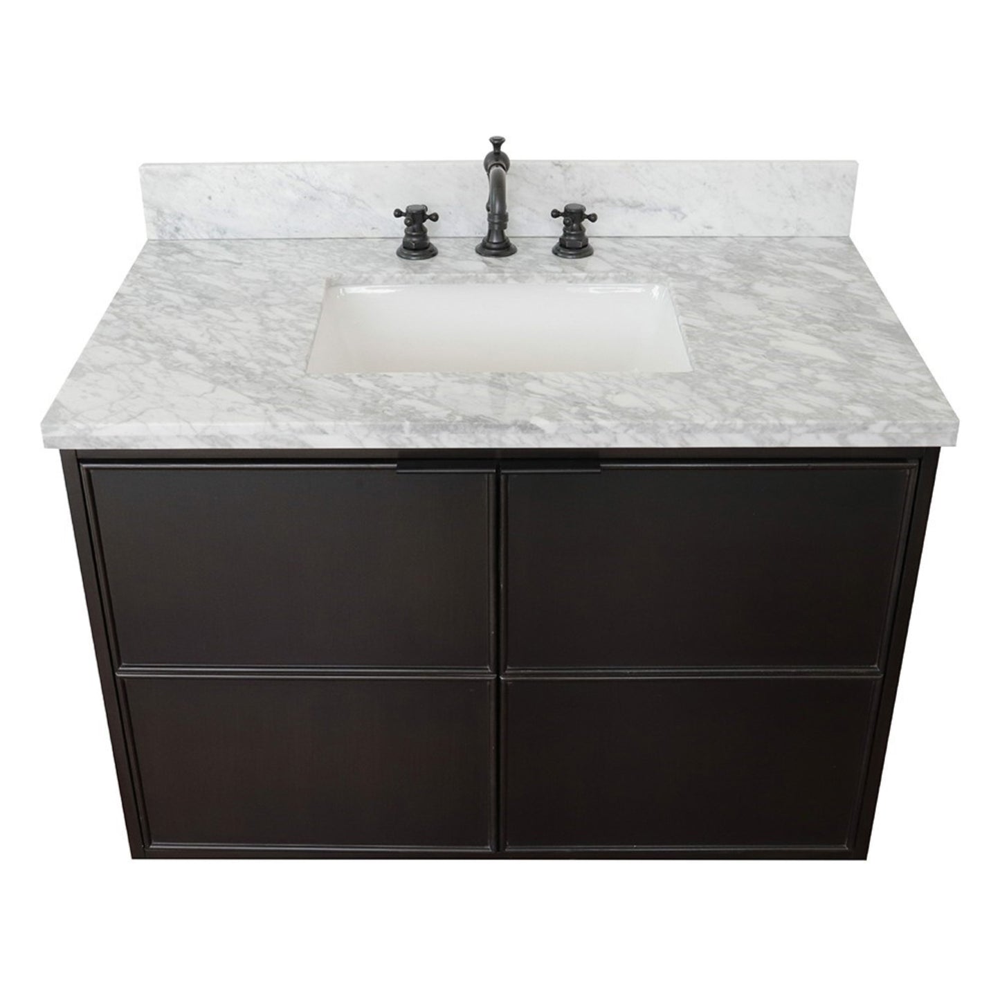 37" Single wall mount vanity in Cappuccino finish with White Carrara top and rectangle sink