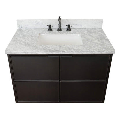 37" Single wall mount vanity in Cappuccino finish with White Carrara top and rectangle sink