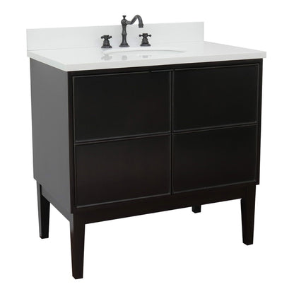 37" Single vanity in Cappuccino finish with White engineered stone top and oval sink