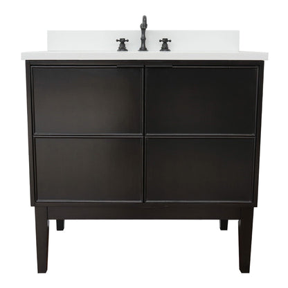 37" Single vanity in Cappuccino finish with White engineered stone top and oval sink