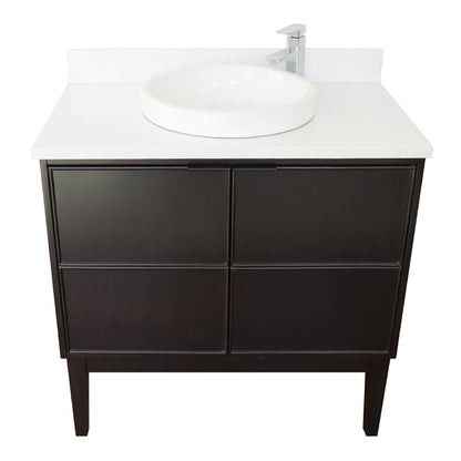 37" Single vanity in Cappuccino finish with White engineered stone top and round sink