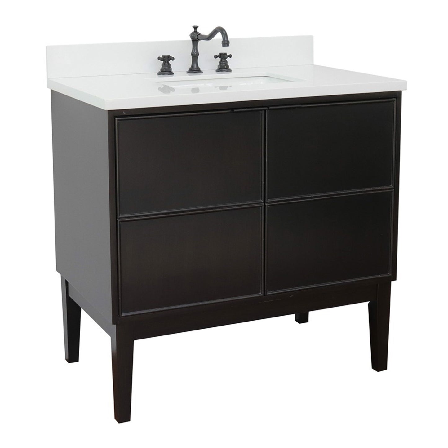 37" Single vanity in Cappuccino finish with White engineered stone top and rectangle sink
