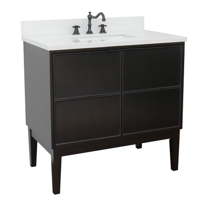 37" Single vanity in Cappuccino finish with White engineered stone top and rectangle sink