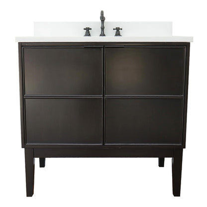 37" Single vanity in Cappuccino finish with White engineered stone top and rectangle sink