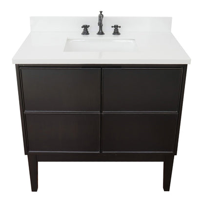 37" Single vanity in Cappuccino finish with White engineered stone top and rectangle sink