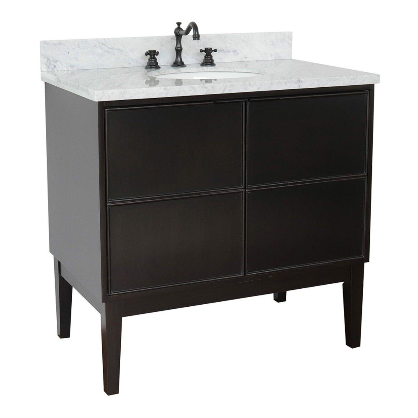 37" Single vanity in Cappuccino finish with White Carrara top and oval sink