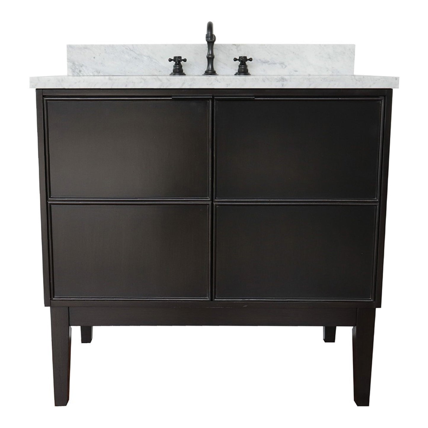 37" Single vanity in Cappuccino finish with White Carrara top and oval sink