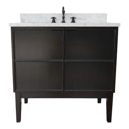 37" Single vanity in Cappuccino finish with White Carrara top and oval sink