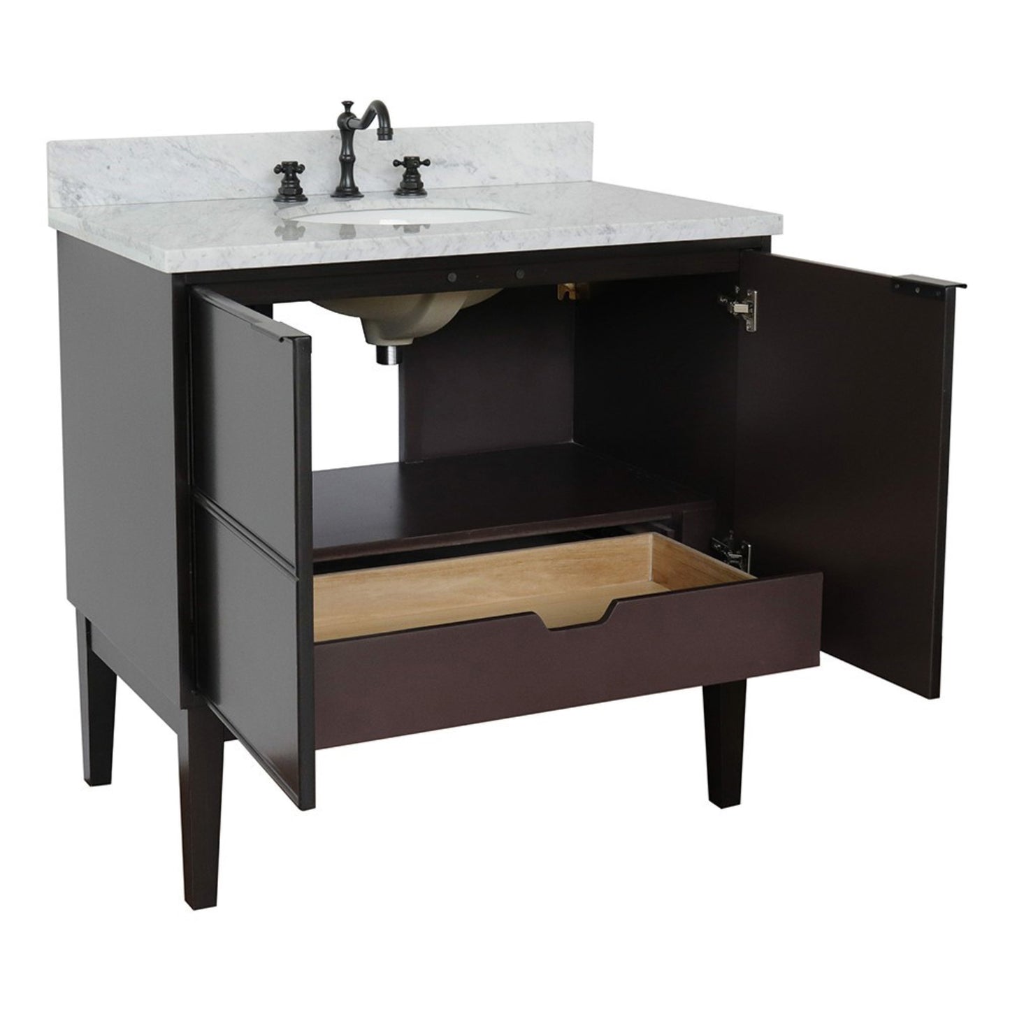 37" Single vanity in Cappuccino finish with White Carrara top and oval sink