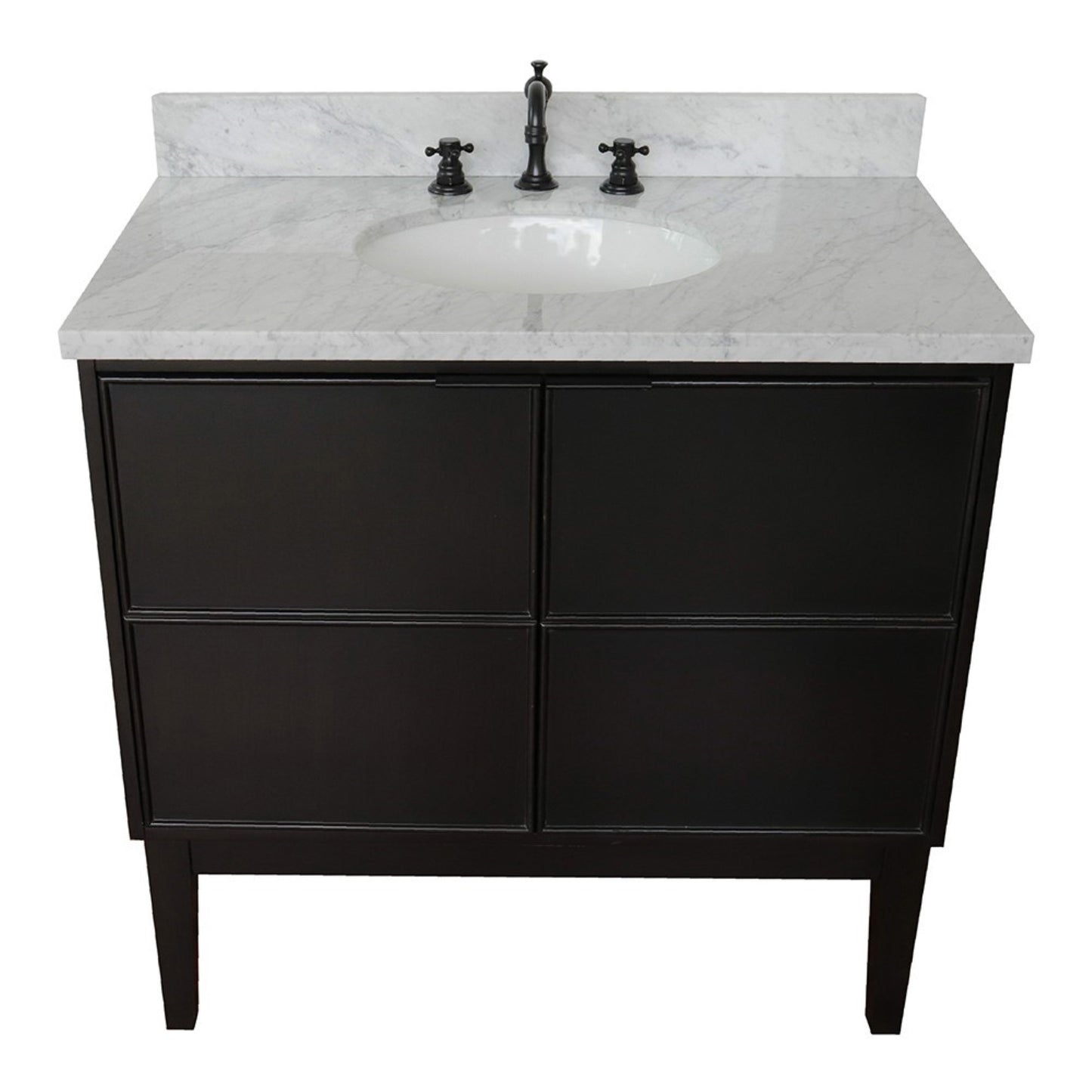 37" Single vanity in Cappuccino finish with White Carrara top and oval sink