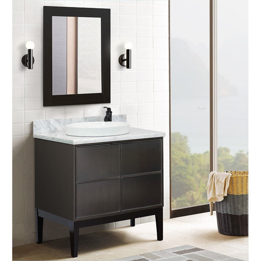 37" Single vanity in Cappuccino finish with White Carrara top and round sink
