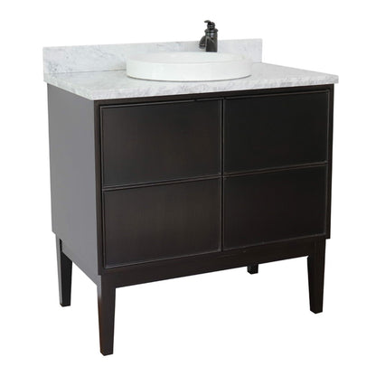 37" Single vanity in Cappuccino finish with White Carrara top and round sink