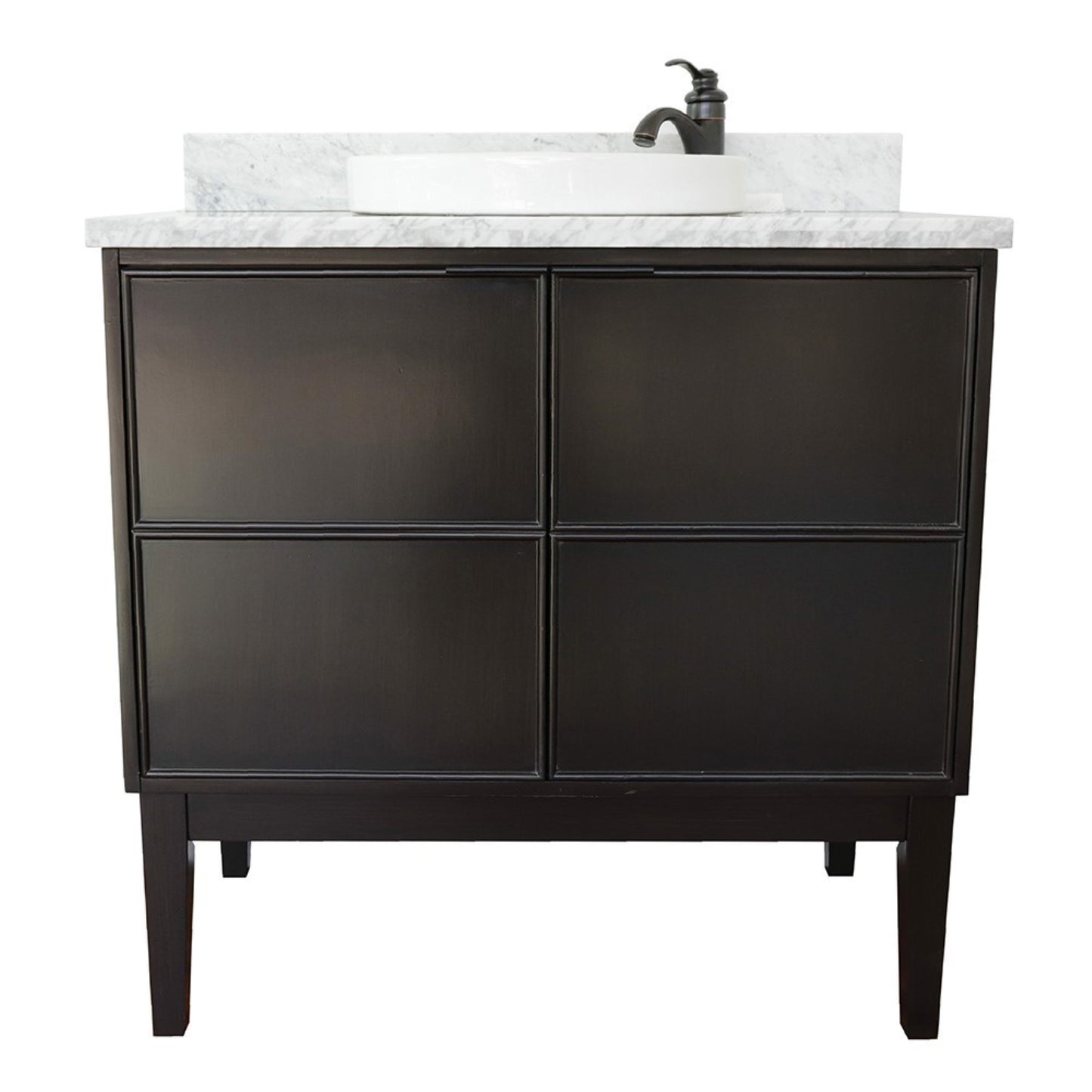 37" Single vanity in Cappuccino finish with White Carrara top and round sink