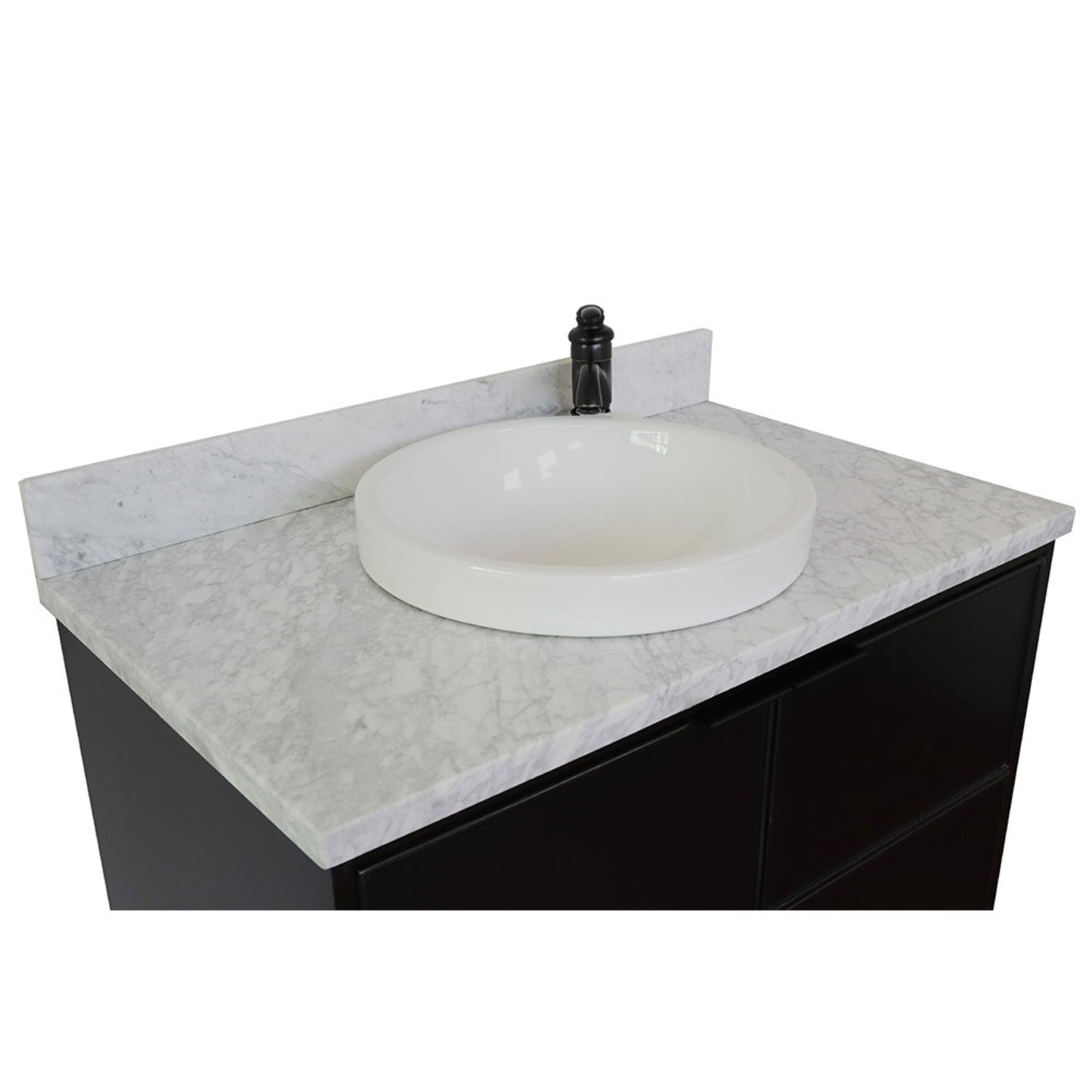 37" Single vanity in Cappuccino finish with White Carrara top and round sink