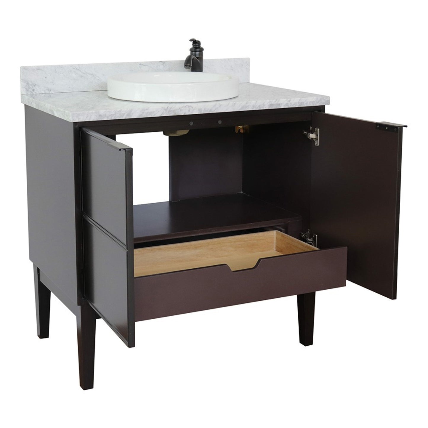 37" Single vanity in Cappuccino finish with White Carrara top and round sink