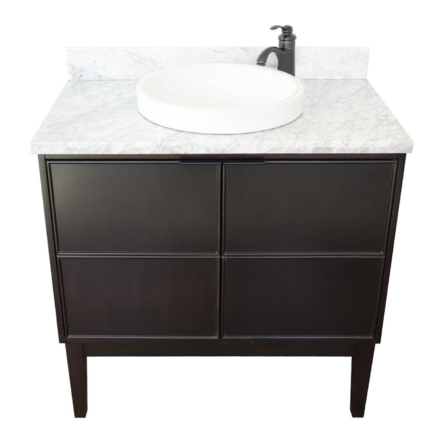 37" Single vanity in Cappuccino finish with White Carrara top and round sink