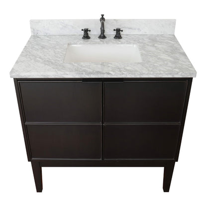 37" Single vanity in Cappuccino finish with White Carrara top and rectangle sink