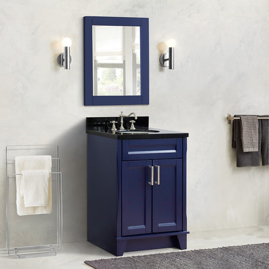 25" Single sink vanity in Blue finish with Black galaxy granite and oval sink