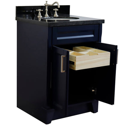 25" Single sink vanity in Blue finish with Black galaxy granite and oval sink