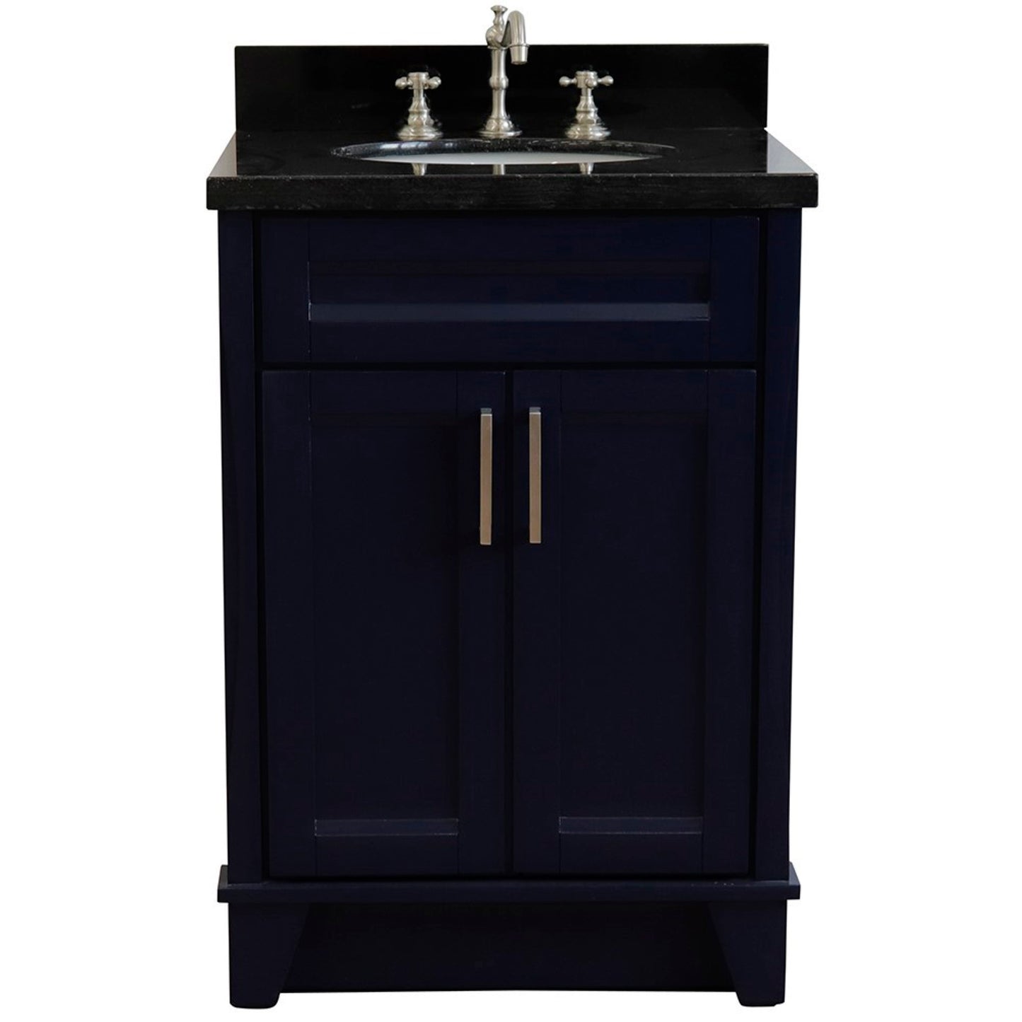 25" Single sink vanity in Blue finish with Black galaxy granite and oval sink