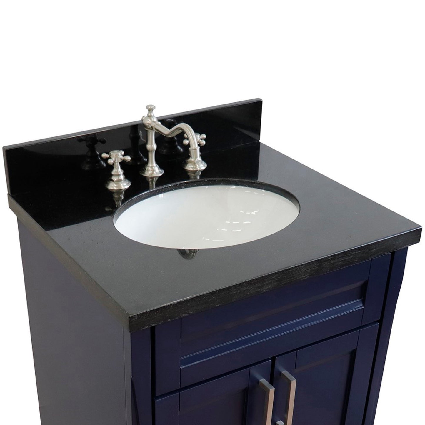 25" Single sink vanity in Blue finish with Black galaxy granite and oval sink