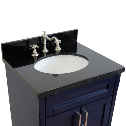 25" Single sink vanity in Blue finish with Black galaxy granite and oval sink