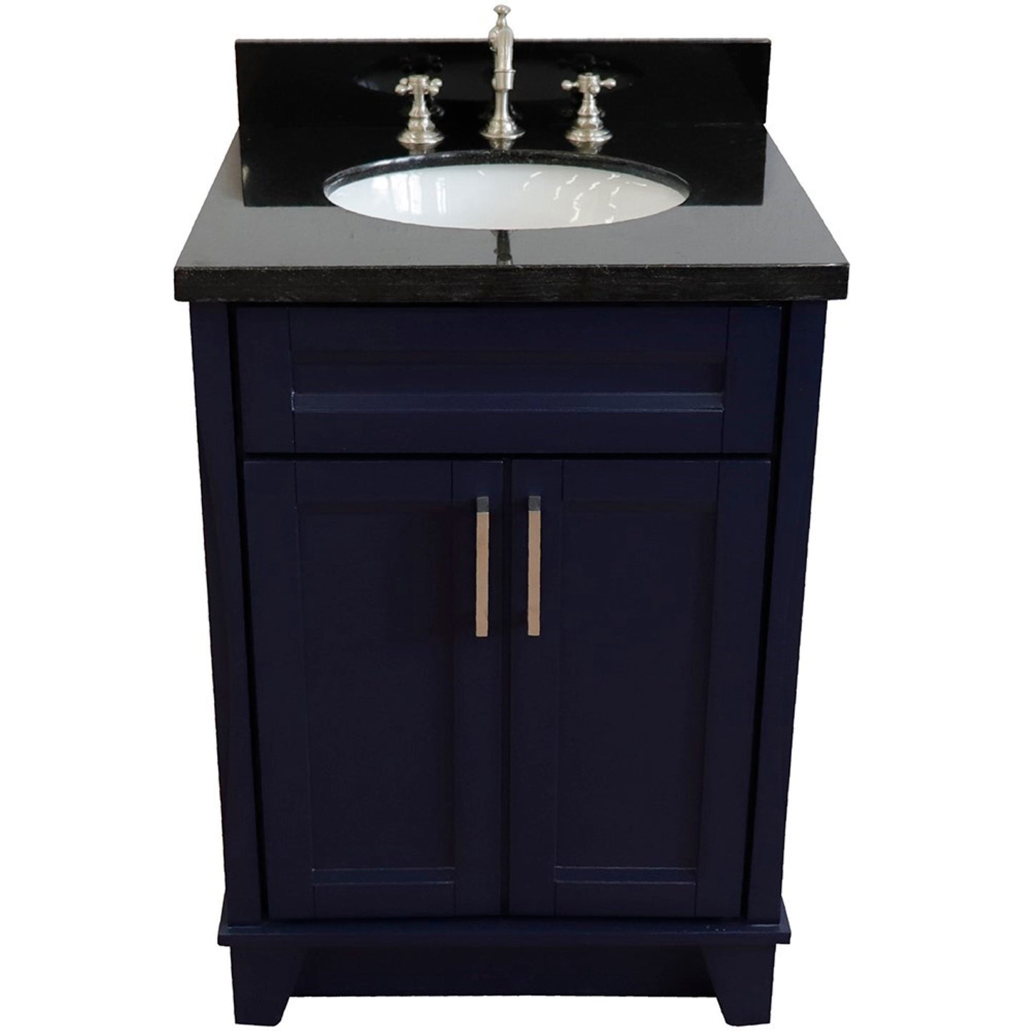 25" Single sink vanity in Blue finish with Black galaxy granite and oval sink