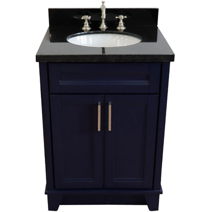 25" Single sink vanity in Blue finish with Black galaxy granite and oval sink