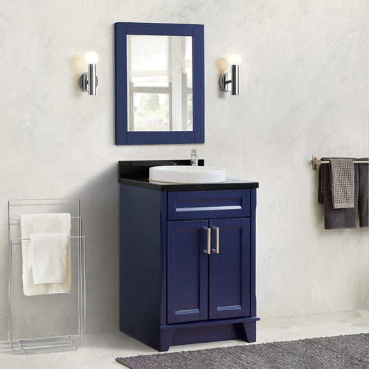 25" Single sink vanity in Blue finish with Black galaxy granite and round sink