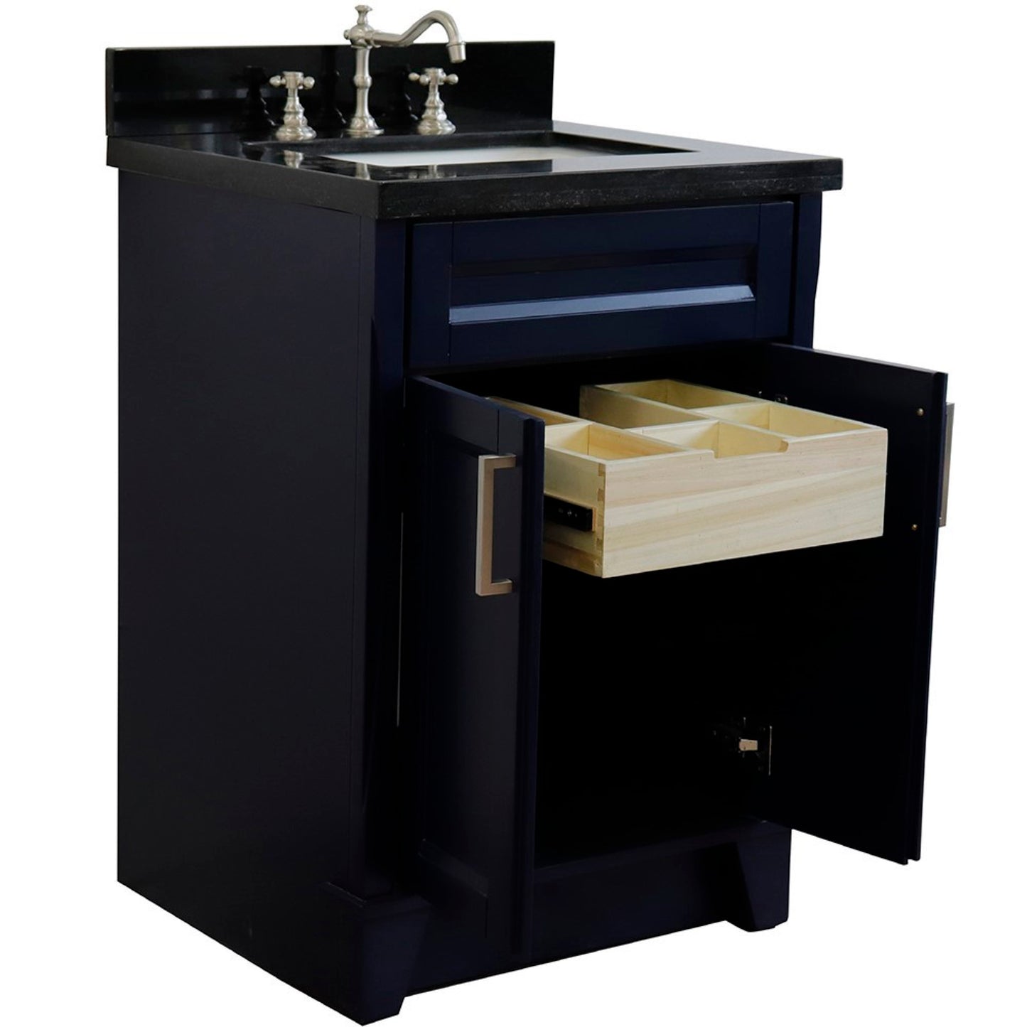25" Single sink vanity in Blue finish with Black galaxy granite and rectangle sink