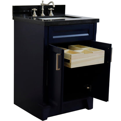 25" Single sink vanity in Blue finish with Black galaxy granite and rectangle sink